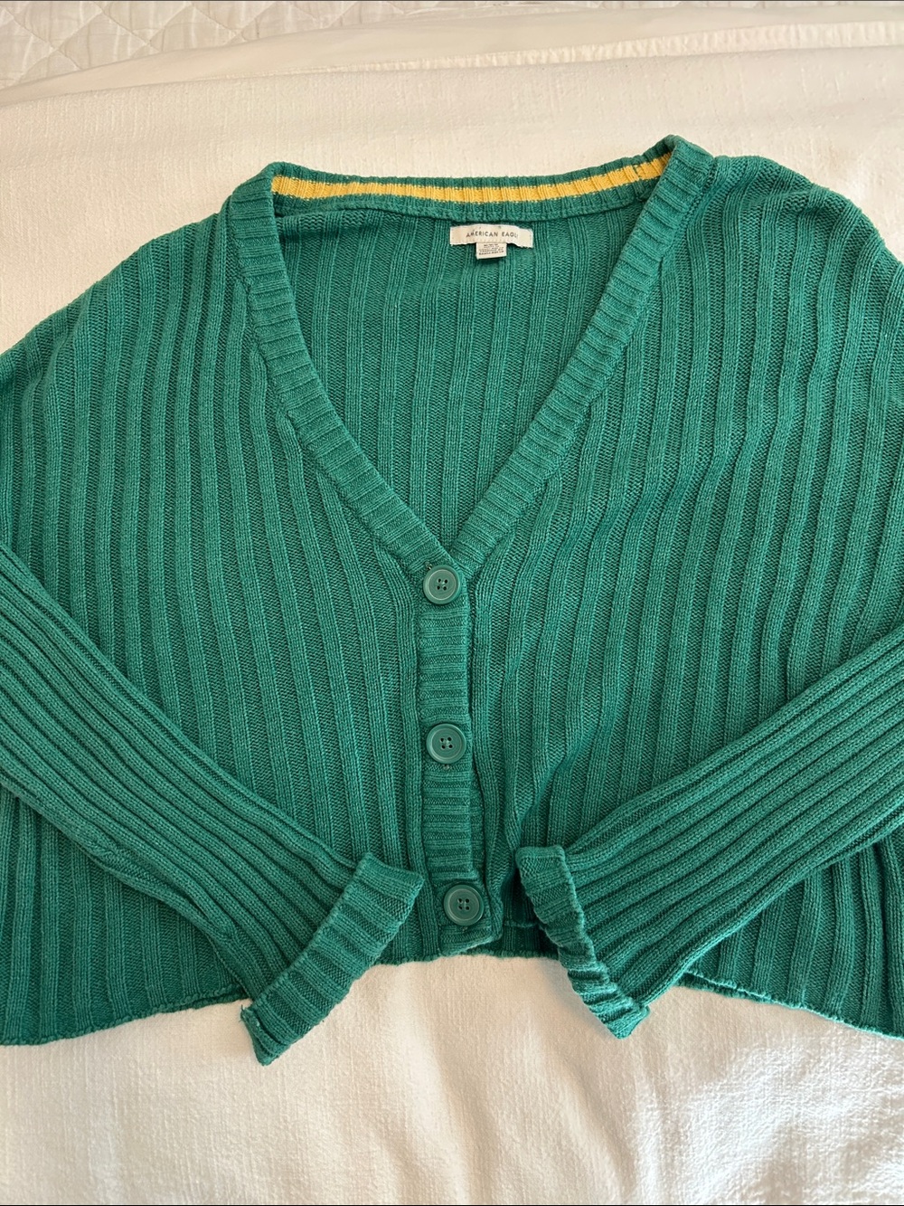 American Eagle Outfitters Teal Ribbed V-Neck Cropped Cardigan Size Medium